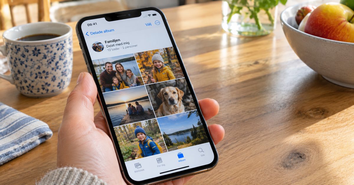 Hand som håller en iPhone med ett delat fotoalbum med familjebilder
