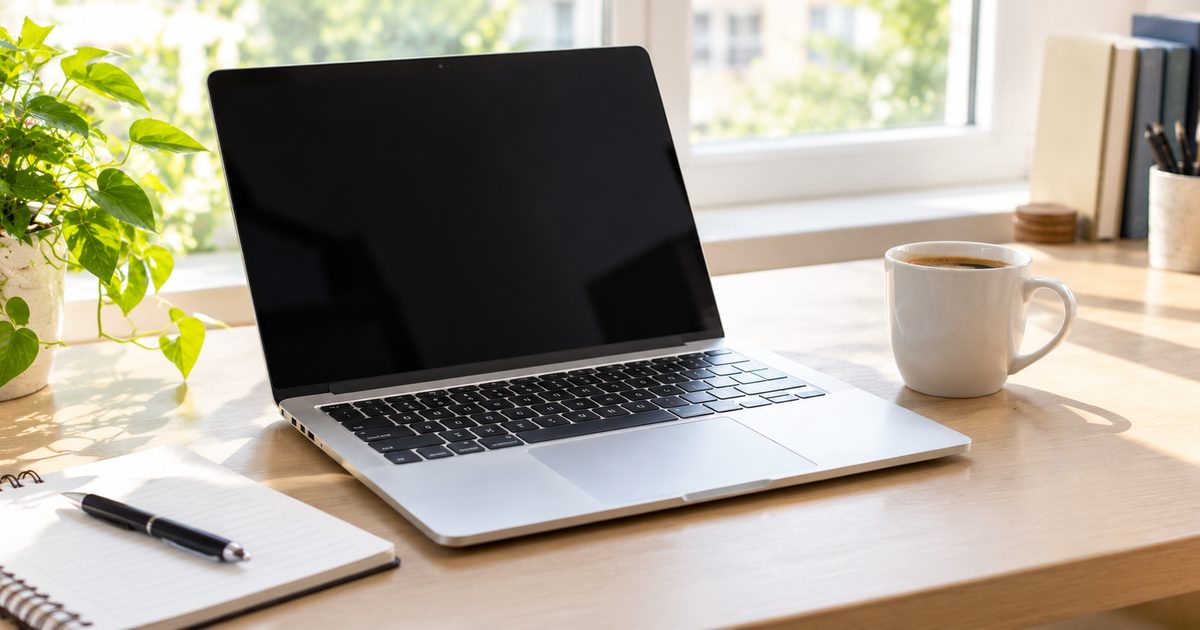 Silverfärgad bärbar Mac på ett ljust skrivbord bredvid en kaffekopp