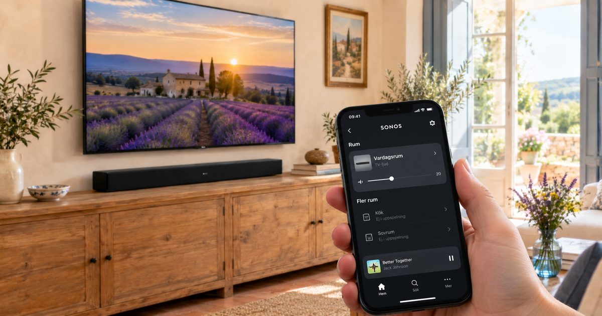 Soundbar under en tv i ett ljust vardagsrum, med Sonos-appen på en mobil i förgrunden