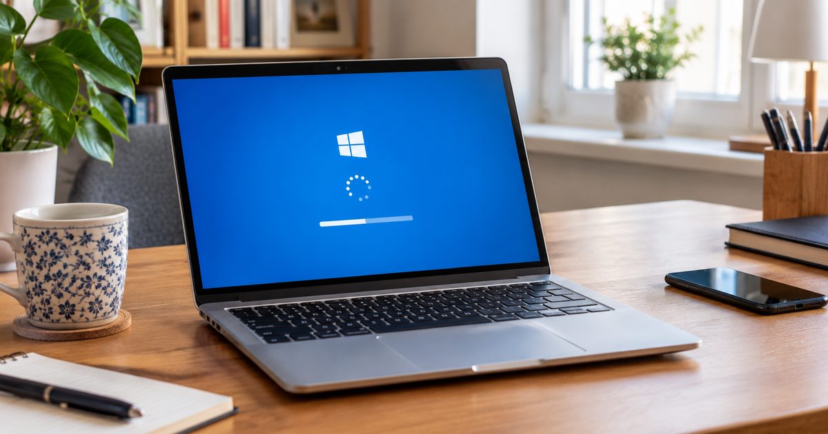 Bärbar dator som visar Windows uppdateringsskärm på ett skrivbord